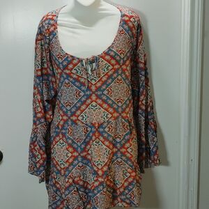 New Directions Women's Size 2X Babyoll Long Belle Sleeves Abstract Printed Top